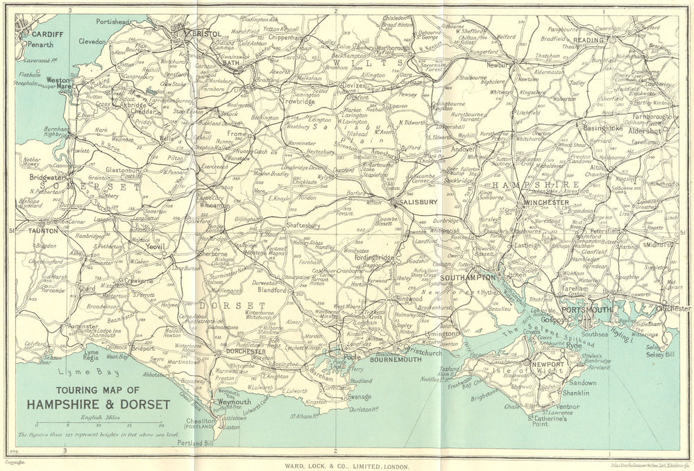 TOURING MAP OF HAMPSHIRE & DORSET. Wiltshire Somerset. WARD LOCK 1950 old