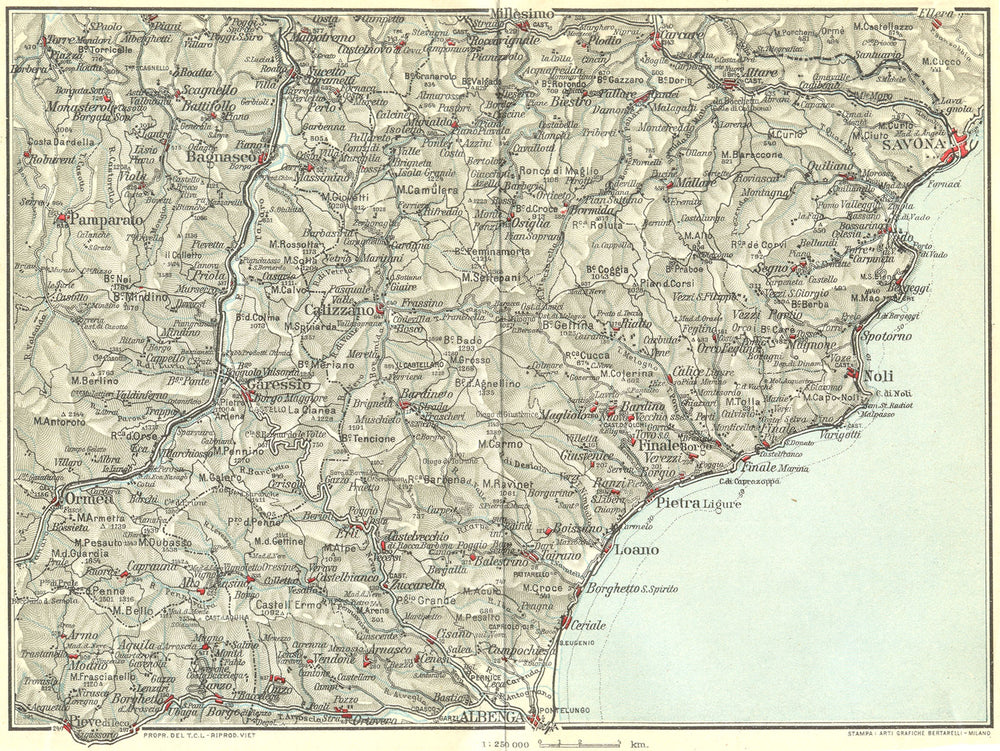 ITALIAN RIVIERA LIGURE PONENTE. Albenga Savona Noli Pietra 1927 old map