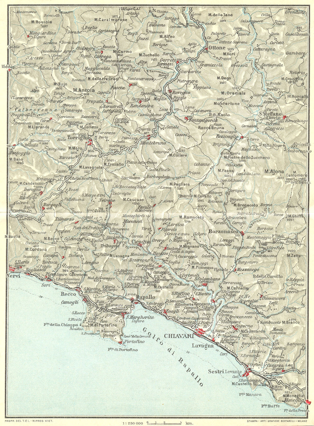 ITALIAN RIVIERA LIGURE LEVANTE.Portofino S Margherita Rapallo 1927 old map
