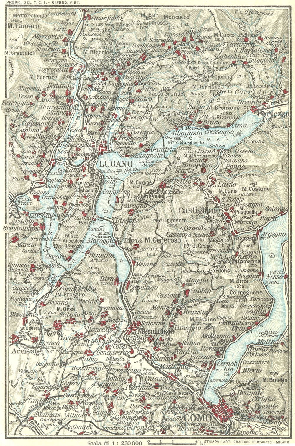 LAKE LAGO DI LUGANO. Vintage map plan. Como. Switzerland 1927 old vintage