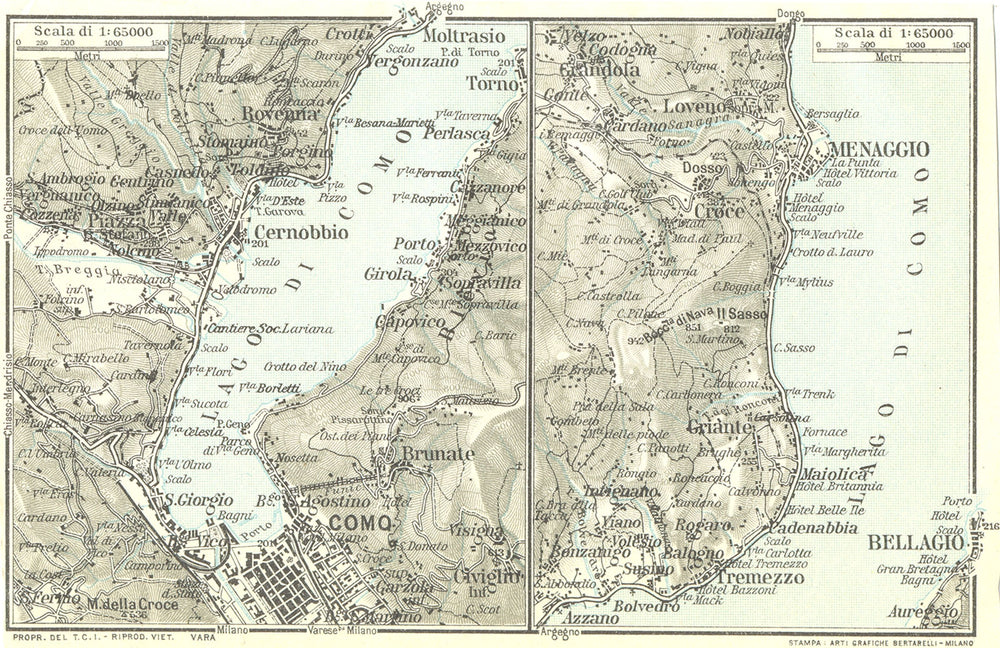 LAKE LAGO DI COMO. Vintage map plan. Menaggio Bellagio. Italy 1927 old