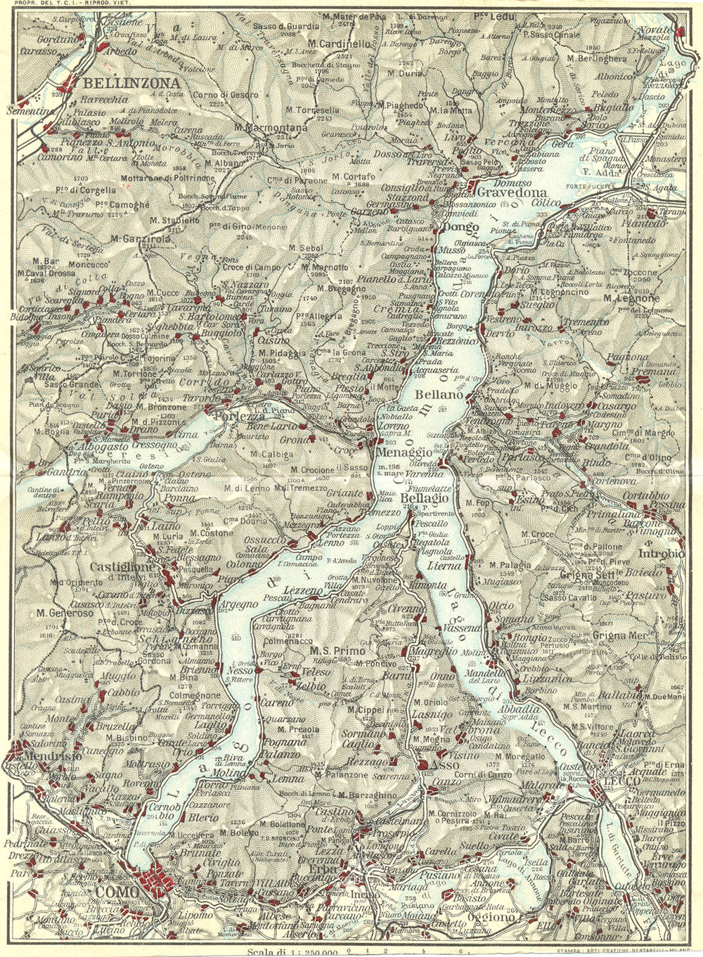 LAKE LAGO DI COMO. Vintage map plan. Bellinzona Lecco. Italy 1927 old