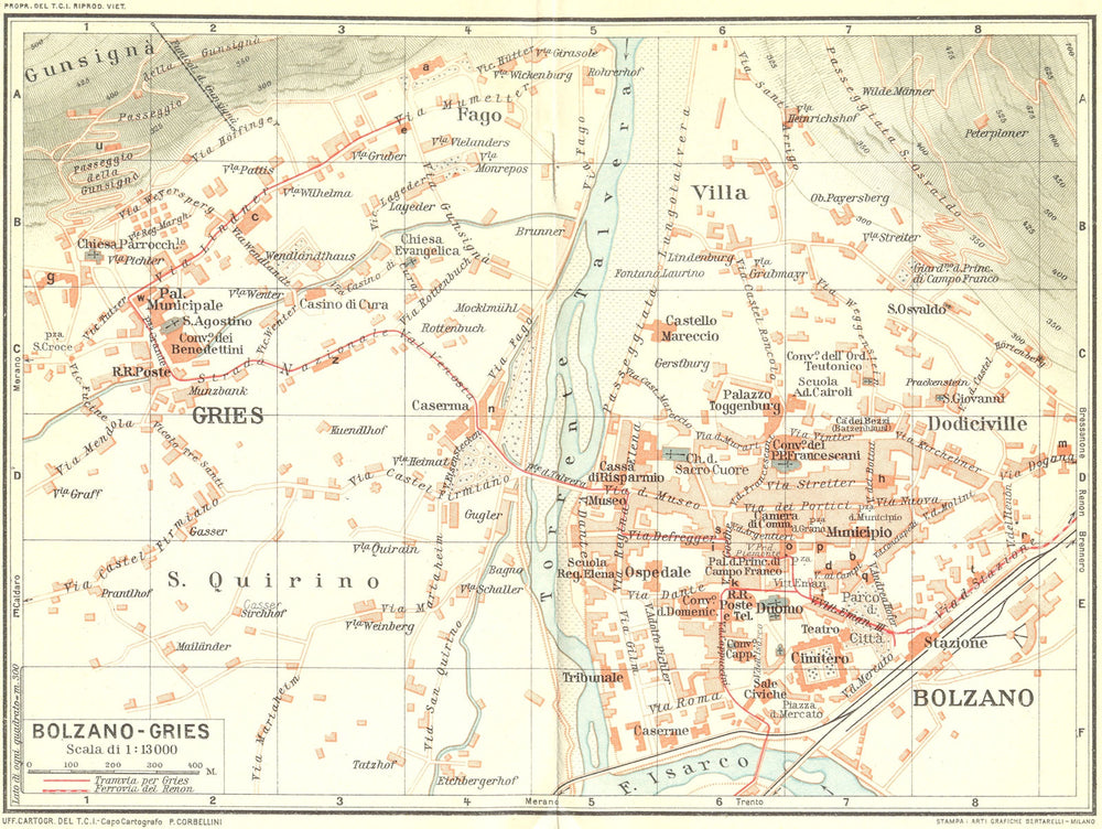 BOLZANO-GRIES. Vintage town city map plan. Italy 1927 old vintage chart