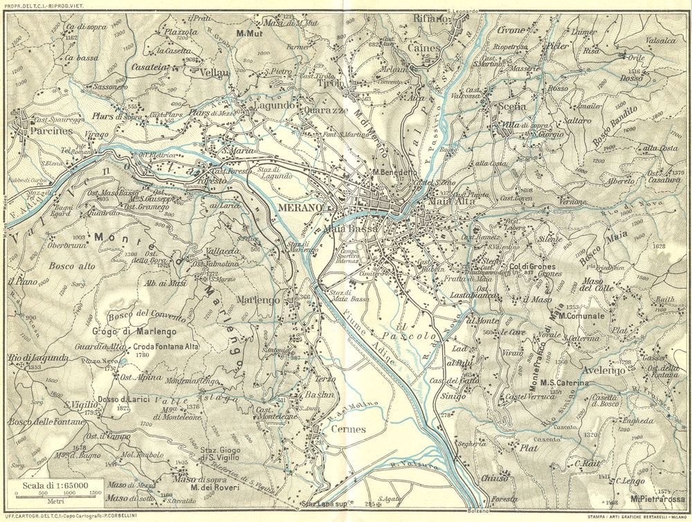 MERANO & ENVIRONS. Vintage map plan. Italy 1927 old vintage chart