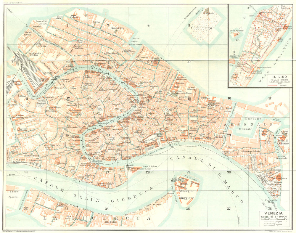 VENEZIA. Vintage town city map plan. Inset Lido. Venice 1927 old vintage