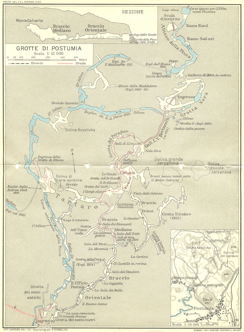 POSTOJNA CAVES. Postojnska jama. Grotte di Postojna. Vintage map. Slovenia 1927