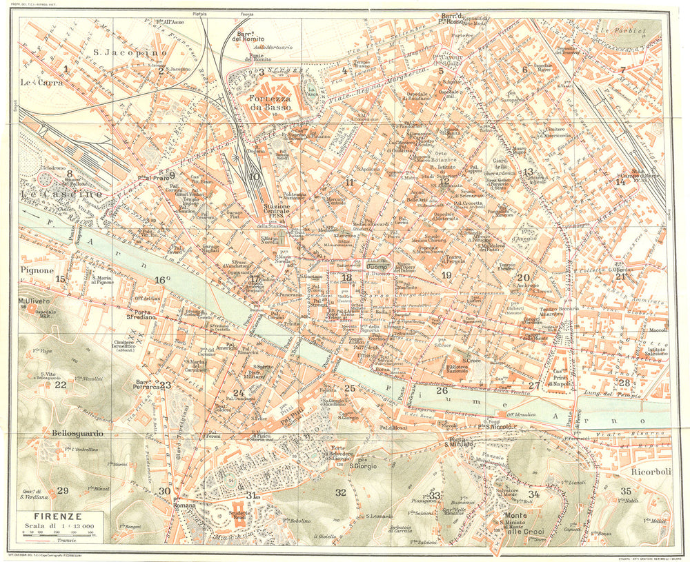 FLORENCE FIRENZE. Vintage town city map plan. Italy 1927 old vintage chart