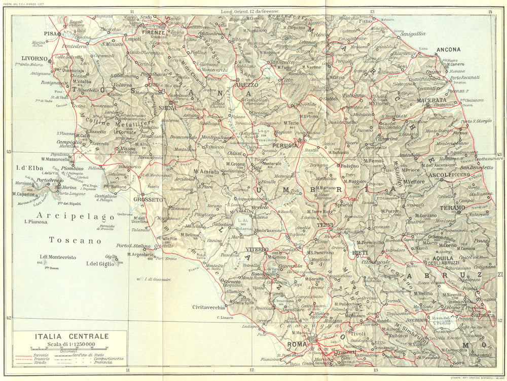 ITALIA CENTRALE. Vintage map plan. Central Italy. Railways 1927 old