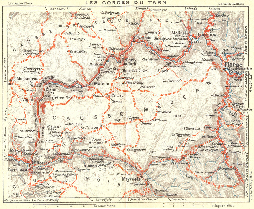 FRANCE. Les Gorges Du Tarn 1926 old vintage map plan chart