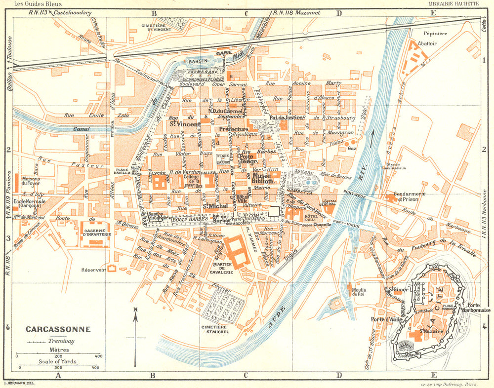 FRANCE. Carcassonne 1926 old vintage map plan chart