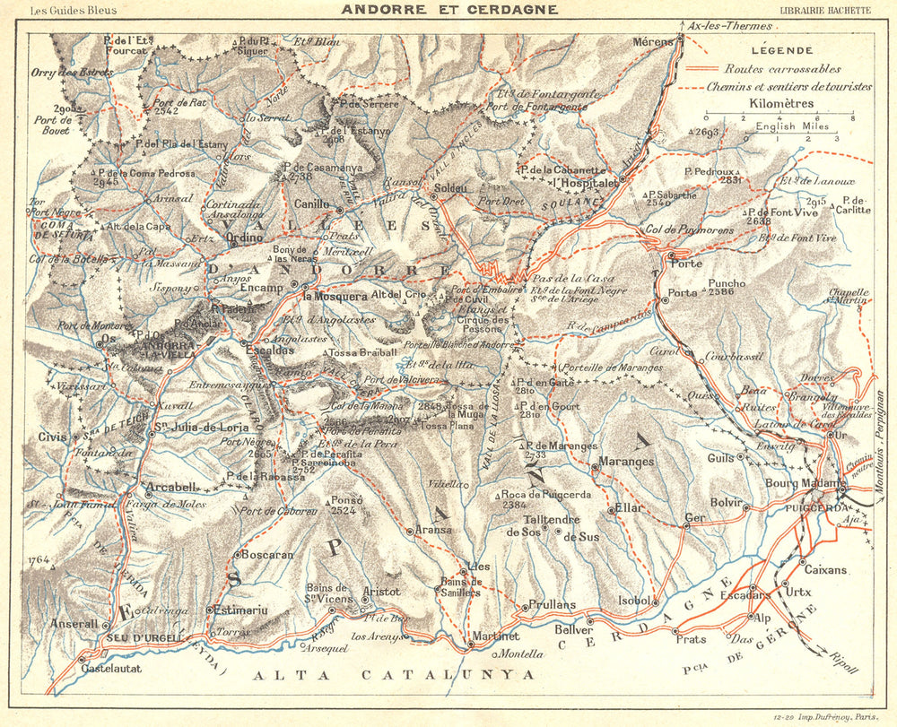 ANDORRA. Andorre et Cerdagne 1926 old vintage map plan chart