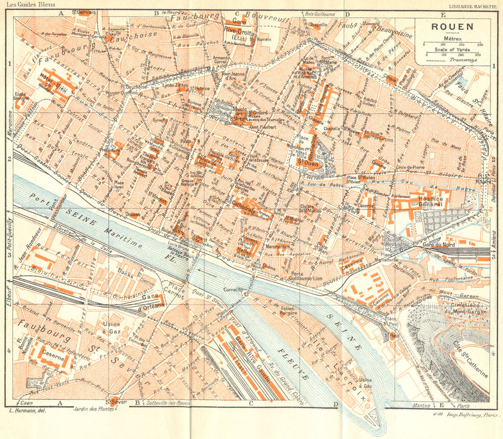 FRANCE. Rouen 1932 old vintage map plan chart