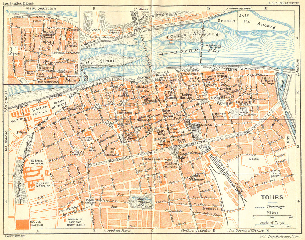 FRANCE. Tours 1932 old vintage map plan chart