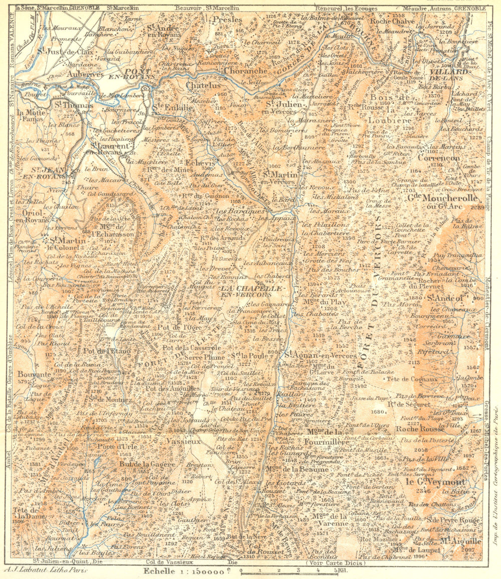 FRENCH ALPS. ISERE-DROME. Massif Du Vercors. Alpes Françaises 1926 old map