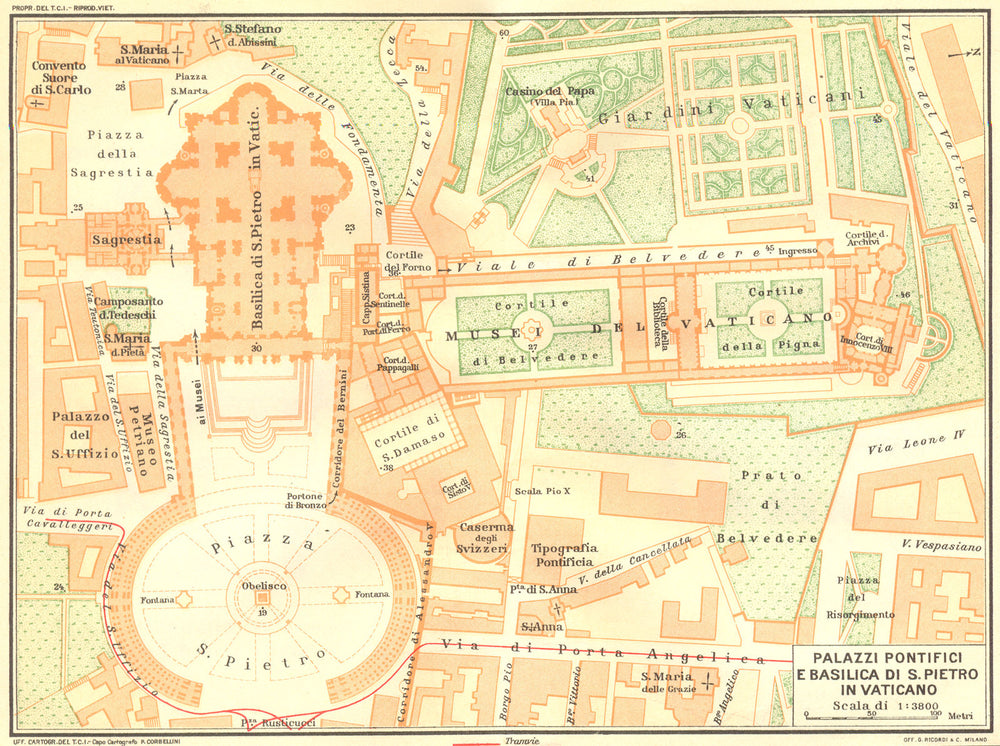 VATICAN. Papal palace Basilica St Peters Rome 1925 old vintage map plan chart