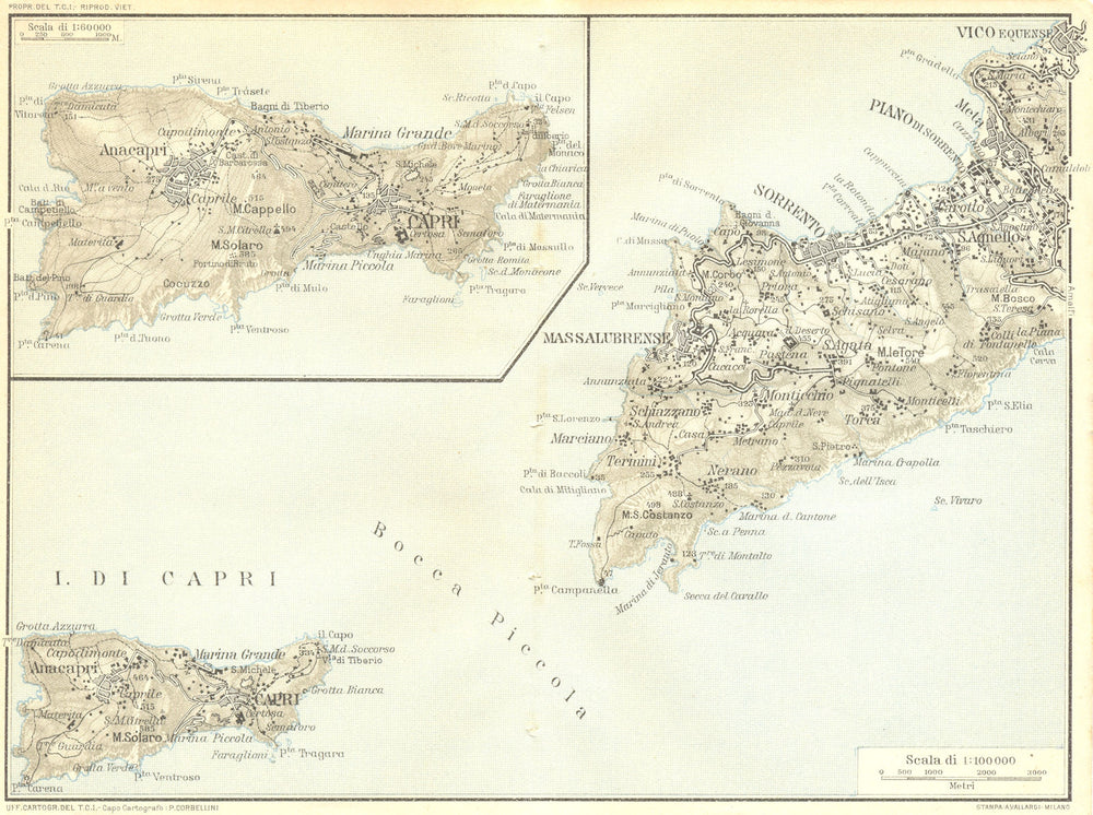 ITALY. Capri Sorrento 1925 old vintage map plan chart
