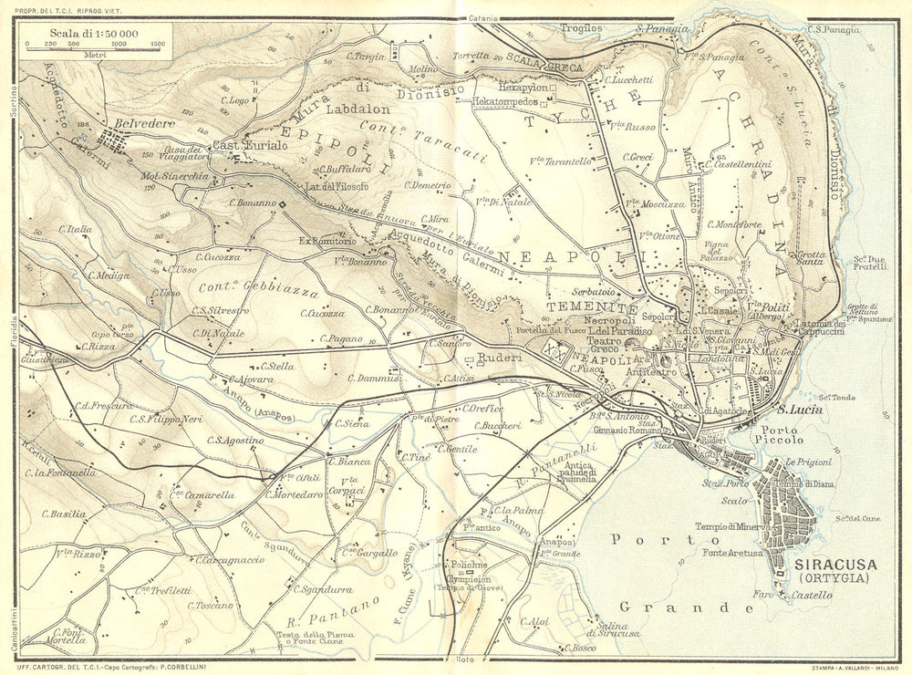 ITALY. Environs of Syracuse Syracusa 1925 old vintage map plan chart