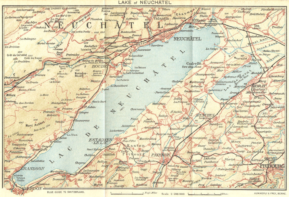 SWITZERLAND. Lake of Neuchatel 1923 old antique vintage map plan chart