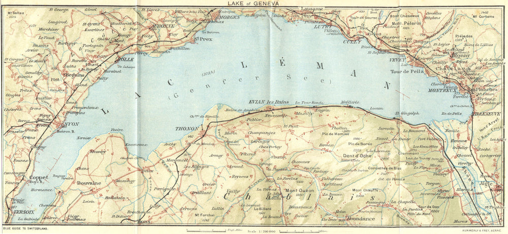 SWITZERLAND. Lake of Geneva 1923 old antique vintage map plan chart