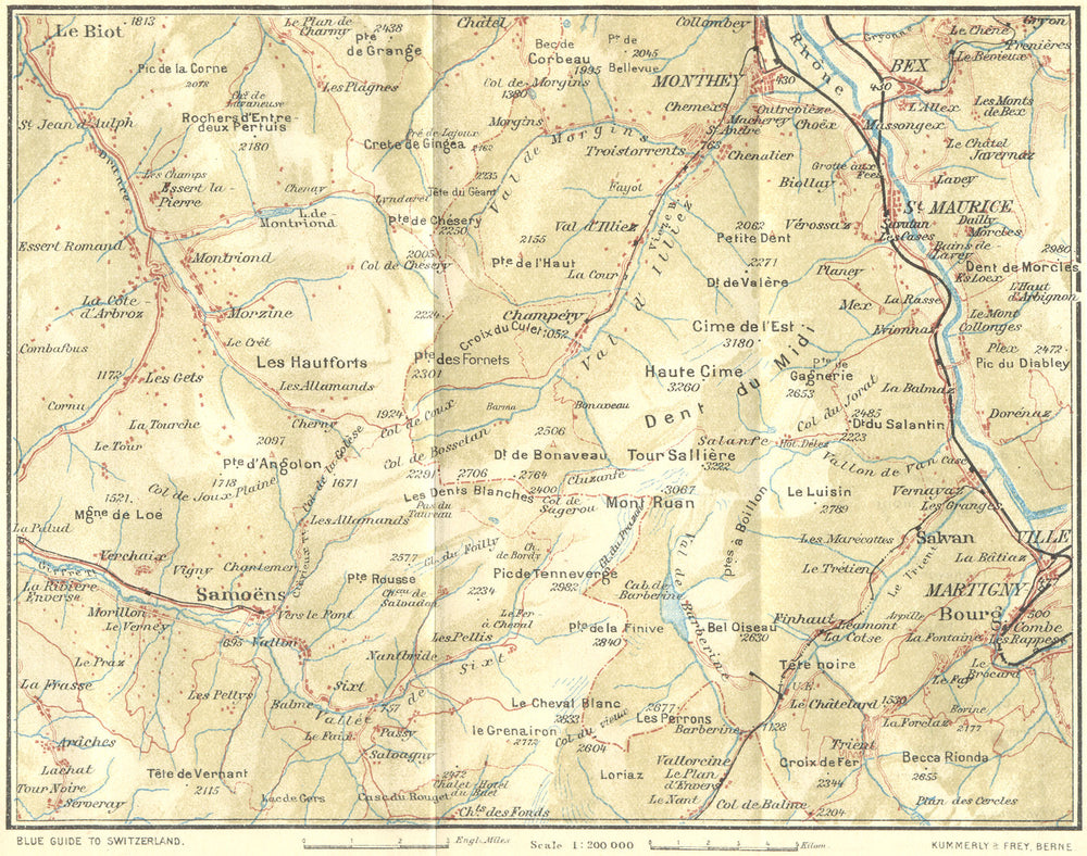 SWITZERLAND. Morgins-Champery-Sixt-Martigny 1923 old antique map plan chart