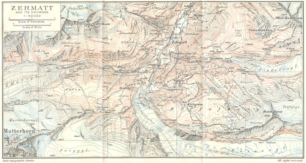 SWITZERLAND. Zermatt environs Matterhorn 1923 old antique map plan chart