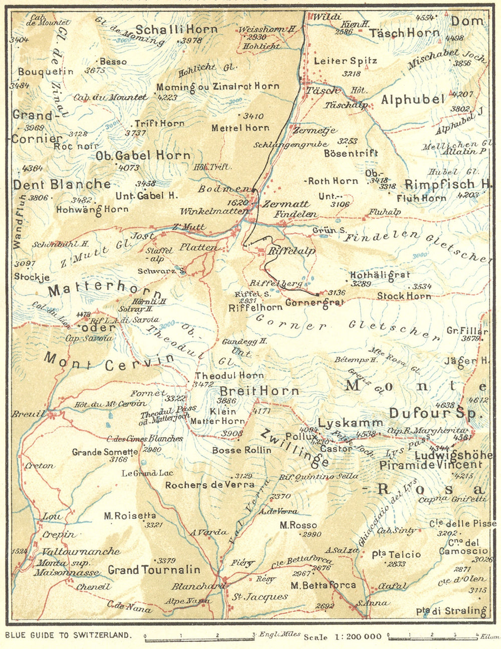 SWITZERLAND. Zermatt-Matterhorn-Monte Rosa 1923 old antique map plan chart