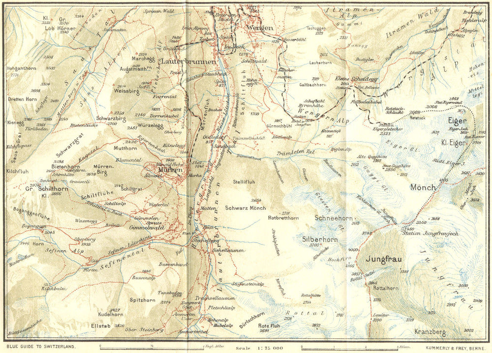 SWITZERLAND. Environs of Murren 1923 old antique vintage map plan chart