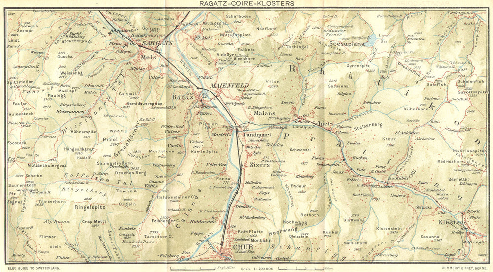 SWITZERLAND. Ragatz-Coire-Klosters 1923 old antique vintage map plan chart