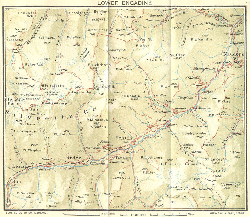 SWITZERLAND. Lower Engadin 1923 old antique vintage map plan chart