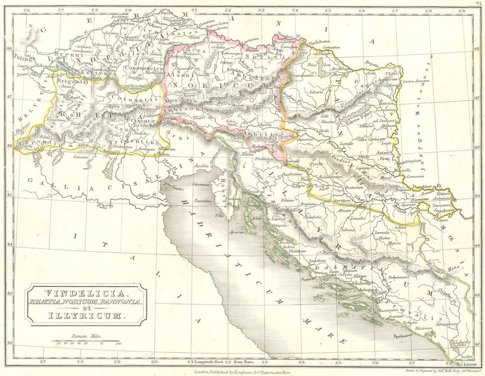 BALKANS. Rhaetia, Noricum, Pannonia, Illyricum 1847 old antique map plan chart