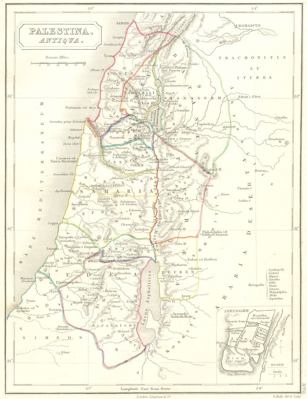ISRAEL. Palestina, Antiqua Palestine 1847 old antique vintage map plan chart