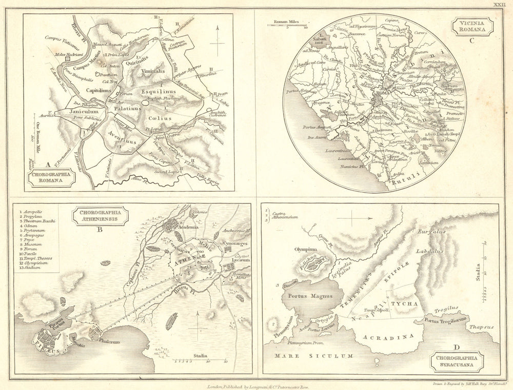 ROME. Athens Syracuse 1847 old antique vintage map plan chart