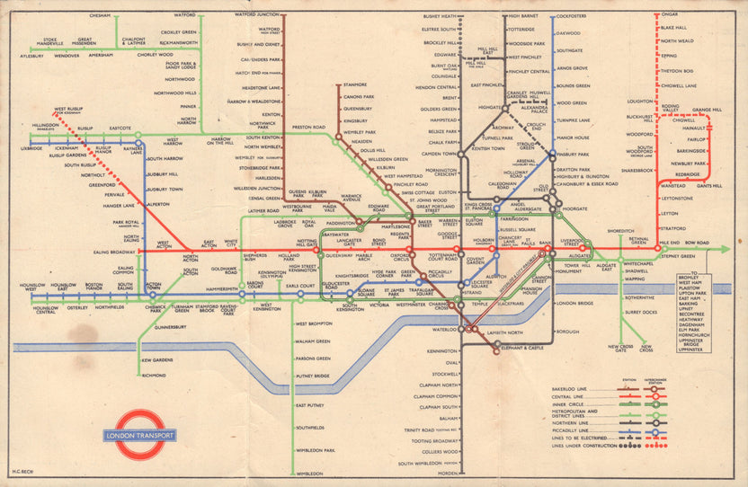 London Underground tube map diagram of lines. HARRY BECK 1948 old ...