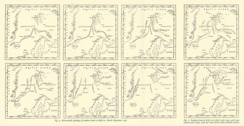 Southern limits of Arctic drift ice 1938-1942. RGS 1946 old vintage map chart