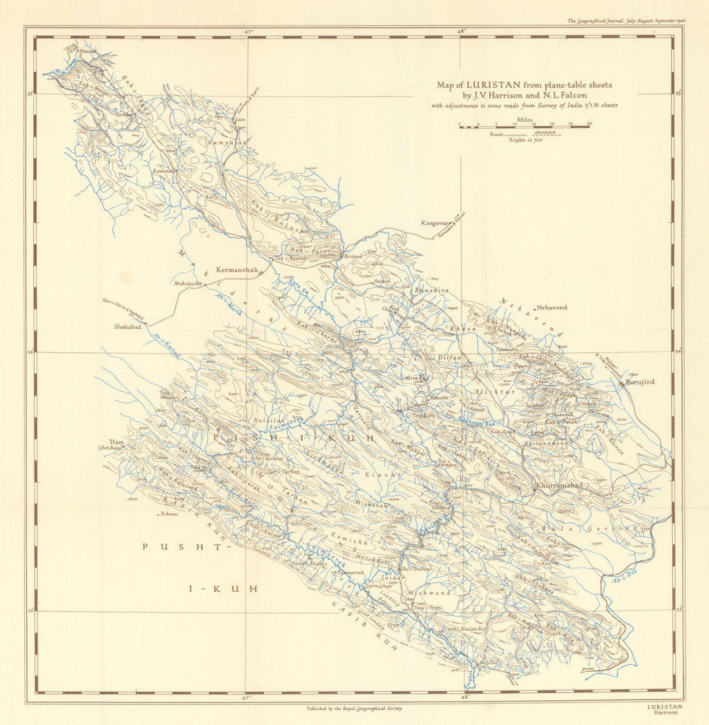 Map of Luristan from plane-table sheets by Harrison & Falcon. Iran. RGS 1946
