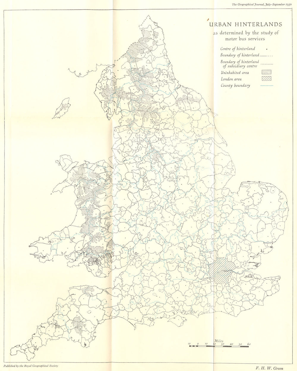 UK. Urban Hinterlands motor bus services 1950 old vintage map plan chart