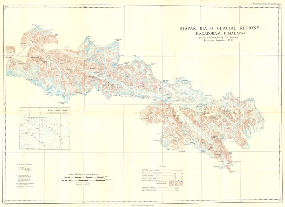 ASIA. Hispar-Biafo Glaciers(Karakoram Himalaya) 1950 old vintage map chart