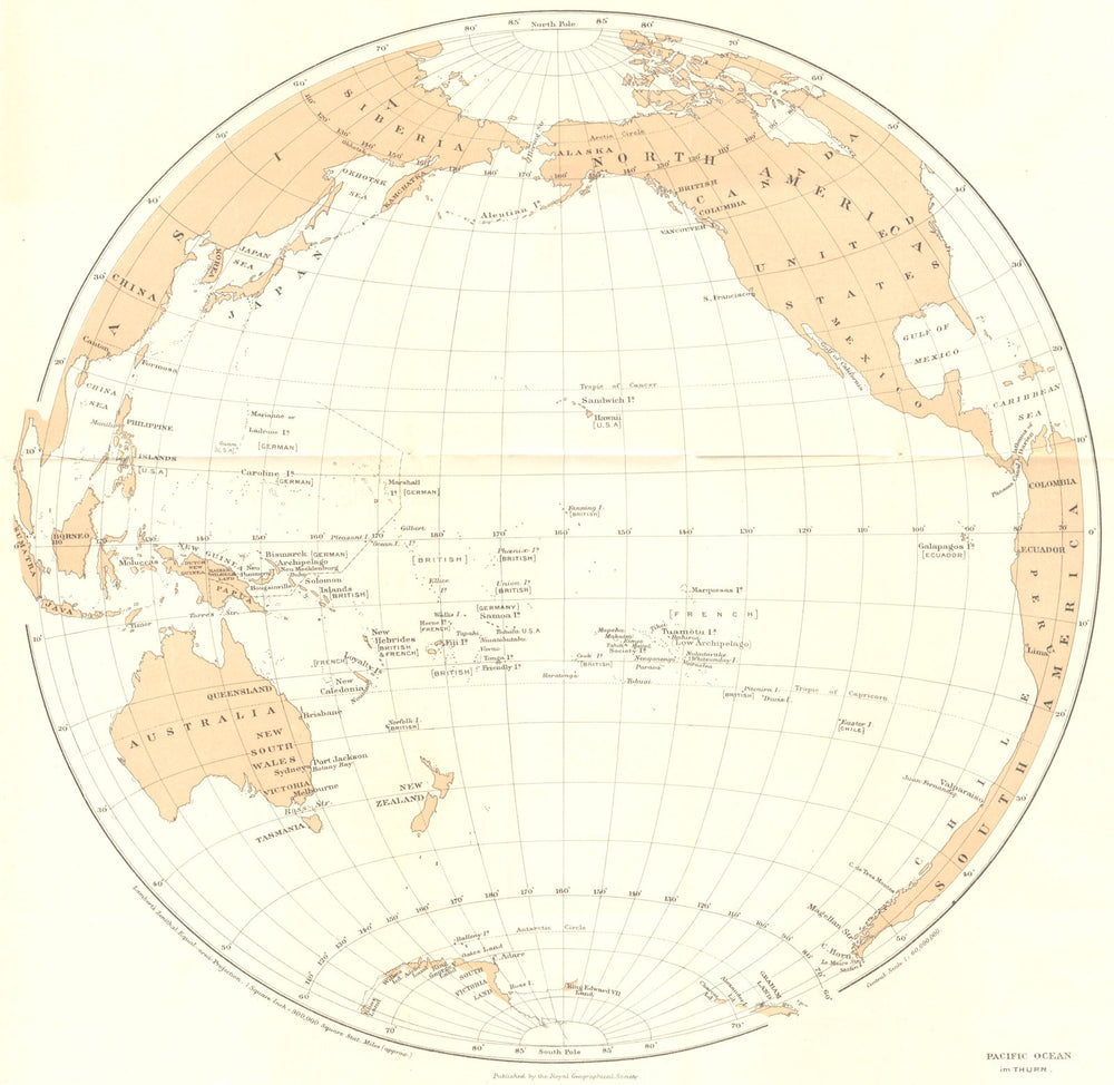 PACIFIC OCEAN. European Influence-Thurn 1915 old antique map plan chart