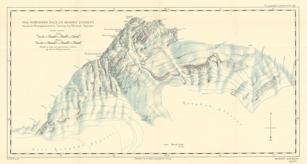 Mount Everest north face based on photogrammetric surveys. RGS/Spender 1936 map