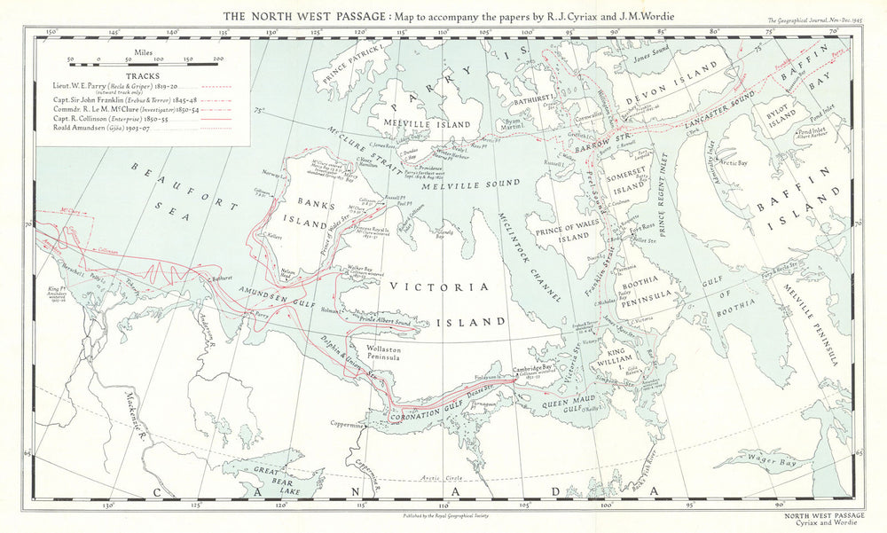 North West Passage. Explorers' routes. Parry &c. RGS/Cyriax & Wordie 1945 map