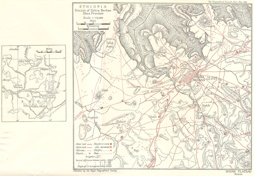ETHIOPIA. Debra Berhan district Shoa Province 1949 old vintage map plan chart