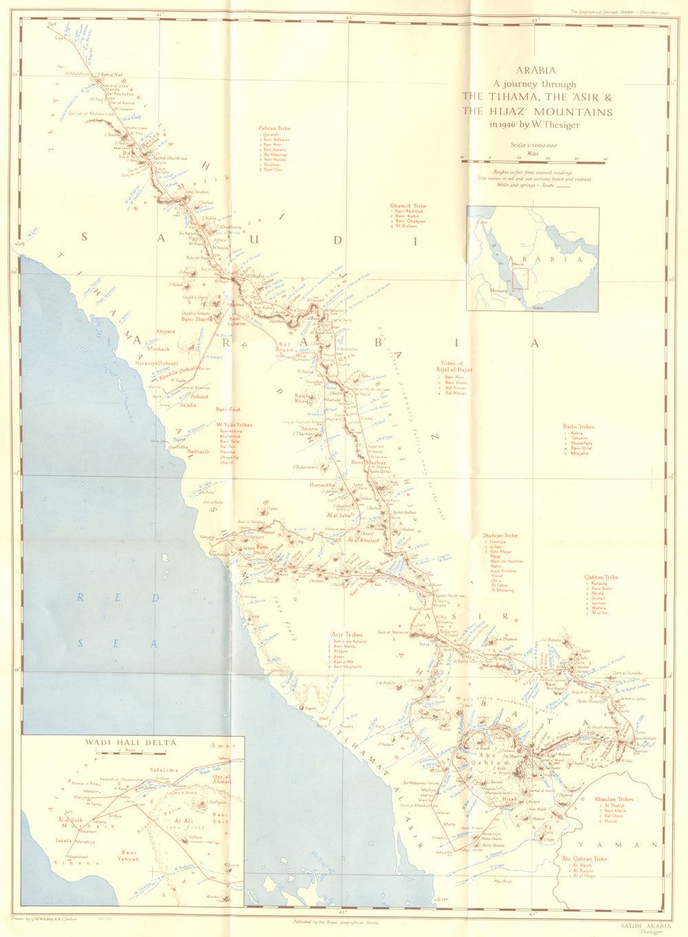 SAUDI ARABIA. Tihama, Asir Hijar Mtns Thesiger 1947 old vintage map plan chart