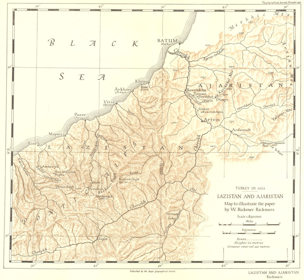 TURKEY. Georgia Batumi Lazistan & Ajaristan 1934 old vintage map plan chart