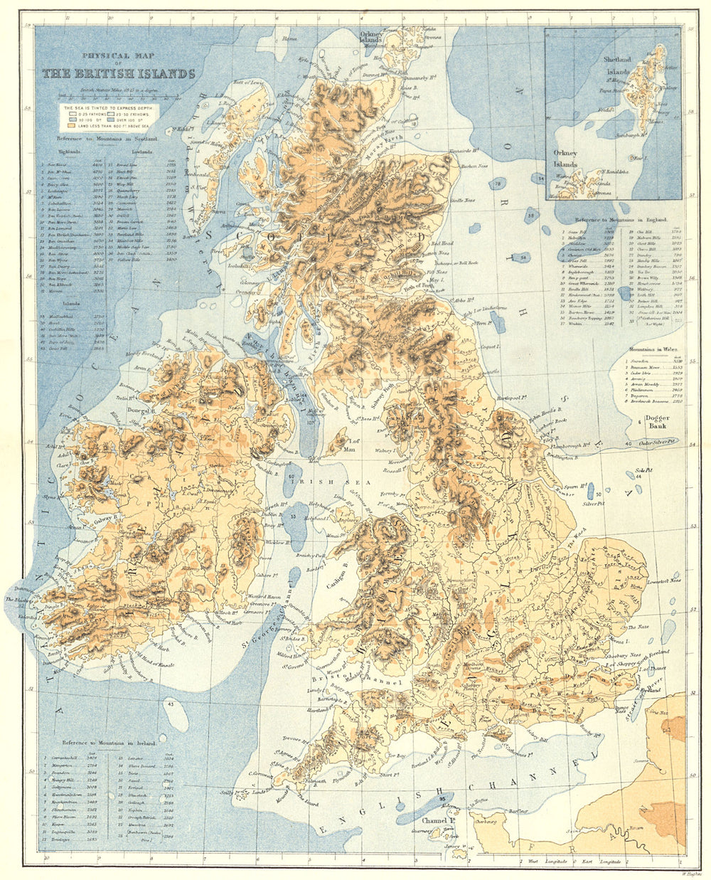 UK. Physical British Isles c1885 old antique vintage map plan chart