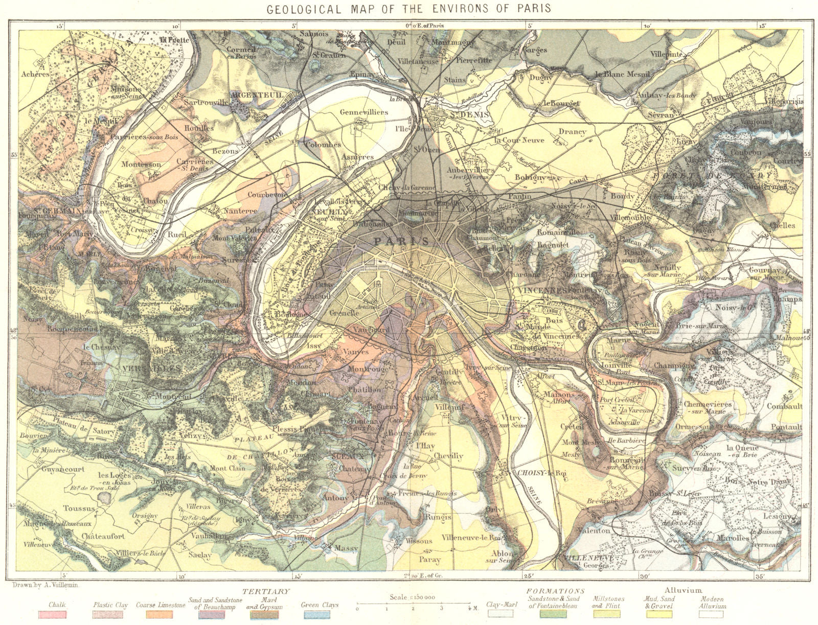 FRANCE. Geological area of Paris c1885 old antique vintage map plan ...