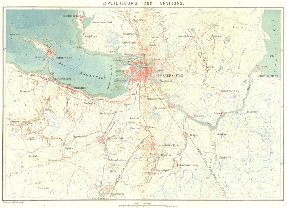 RUSSIA. St Petersburg & area c1885 old antique vintage map plan chart
