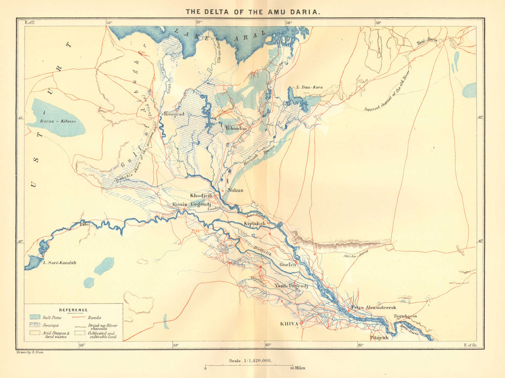 UZBEKISTAN. Delta of Amu Daria c1885 old antique vintage map plan chart