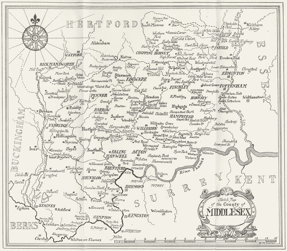 MIDDX. Sketch map of Middlesex 1907 old antique vintage plan chart
