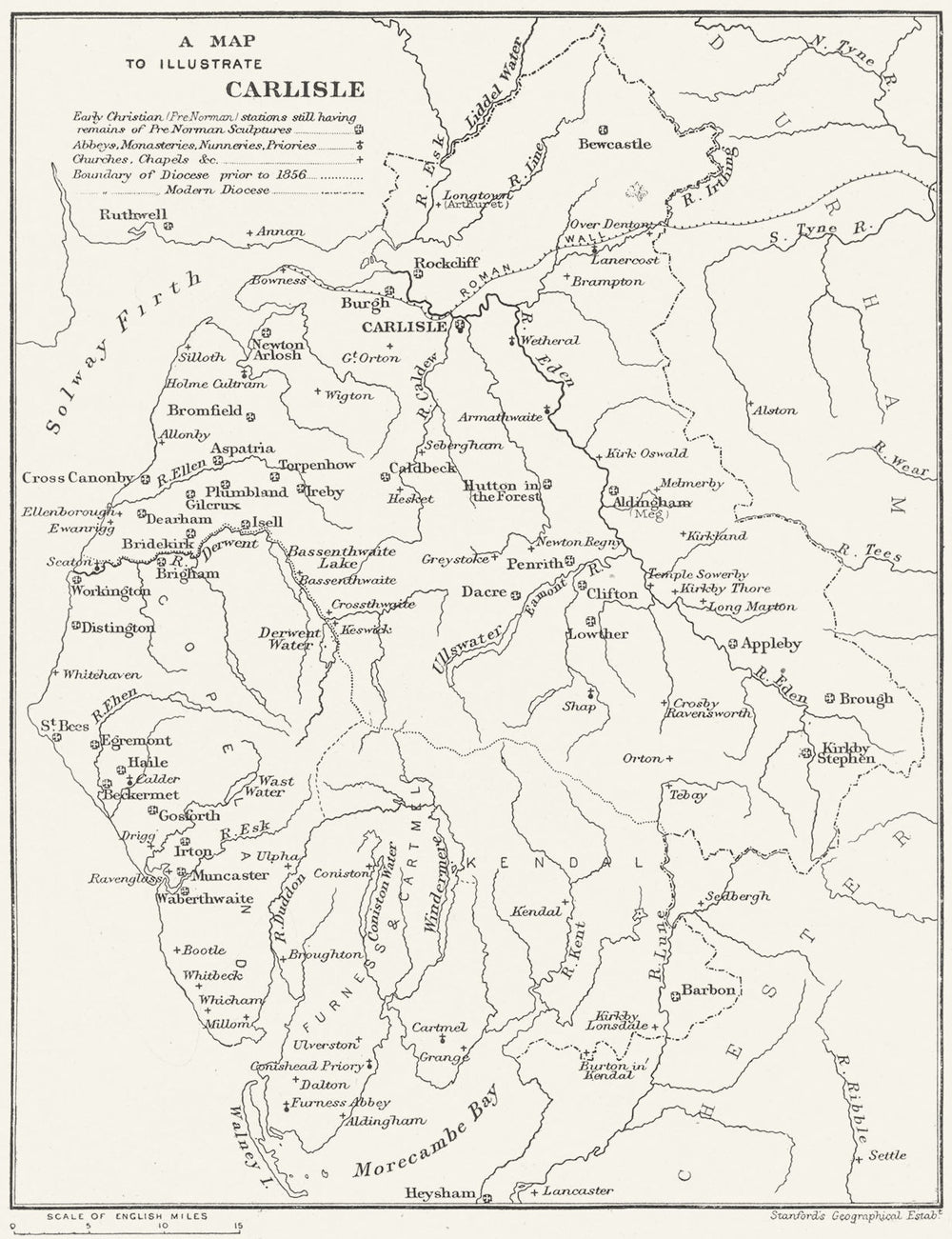 DIOCESE OF CARLISLE. Abbeys Churches Priories Monasteries. CUMBRIA 1897 map