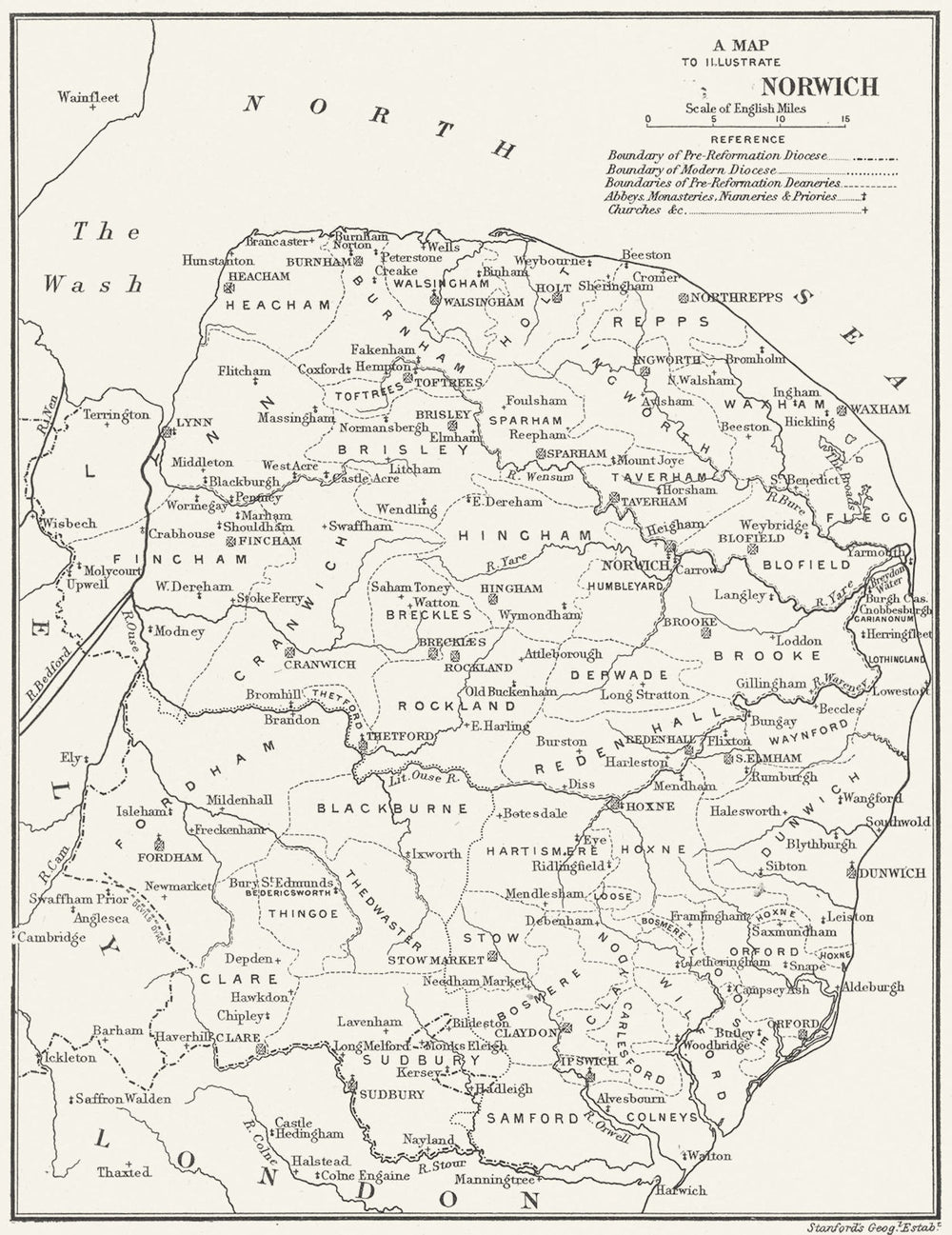 DIOCESE OF NORWICH. Parishes Abbeys Churches Monasteries. NORFOLK 1897 old map